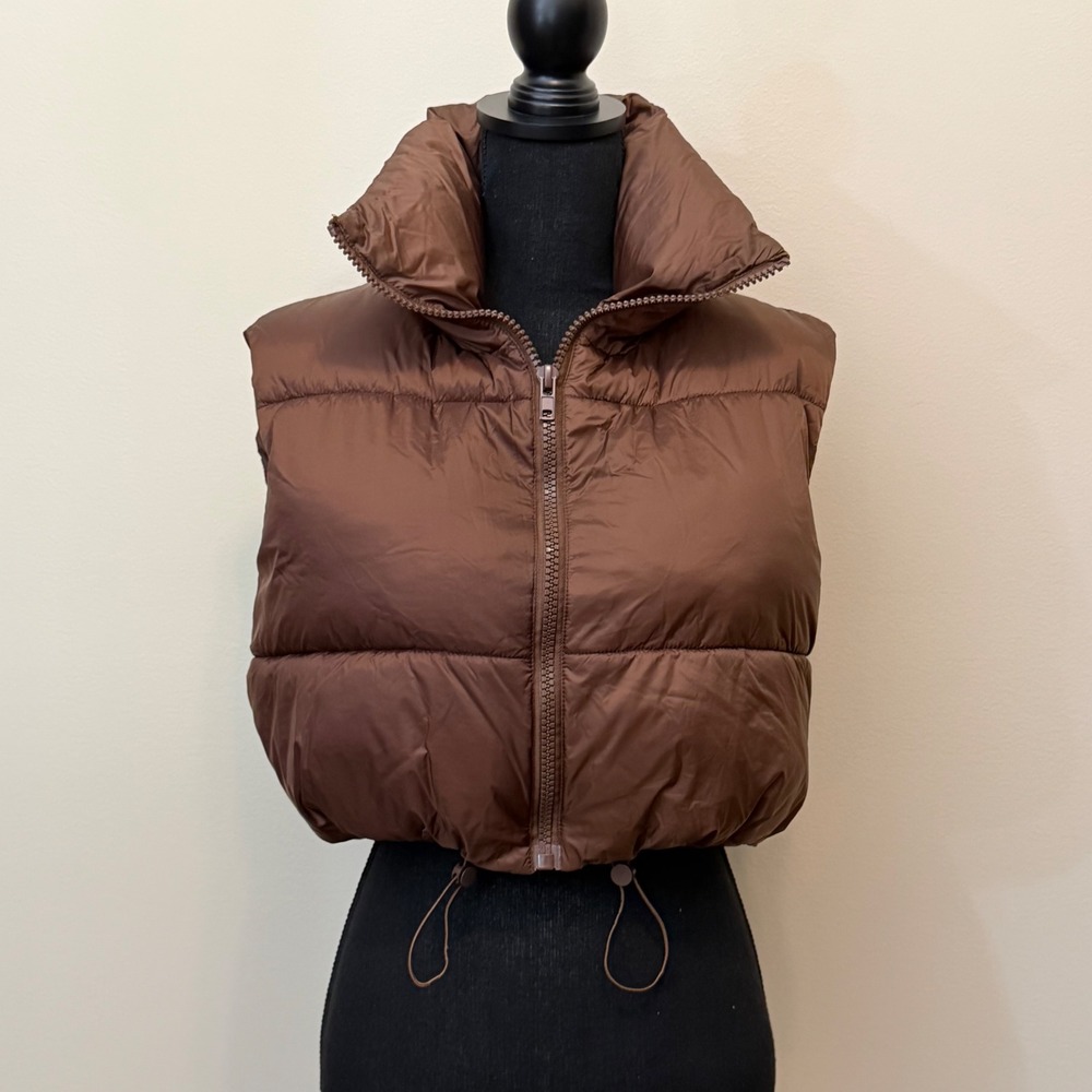 Brown Cropped Puffer Vest Sleeveless Quilted Zip Up Jacket Size M Cinched Waist